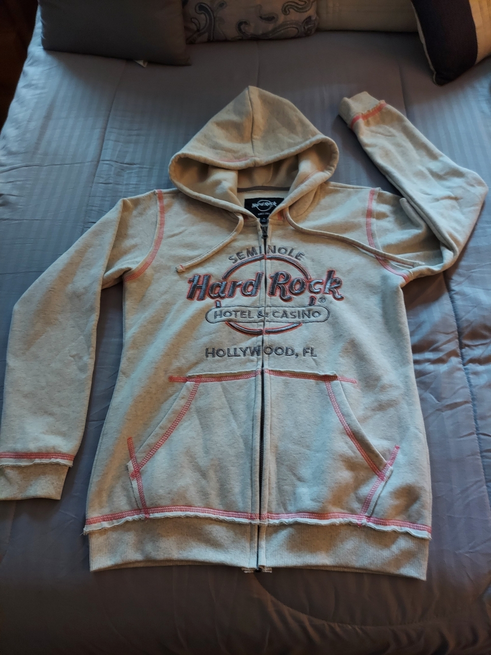 Hard Rock Hooded Zip Sweatshirt in Light Gray with Pink Trim. Womens S.